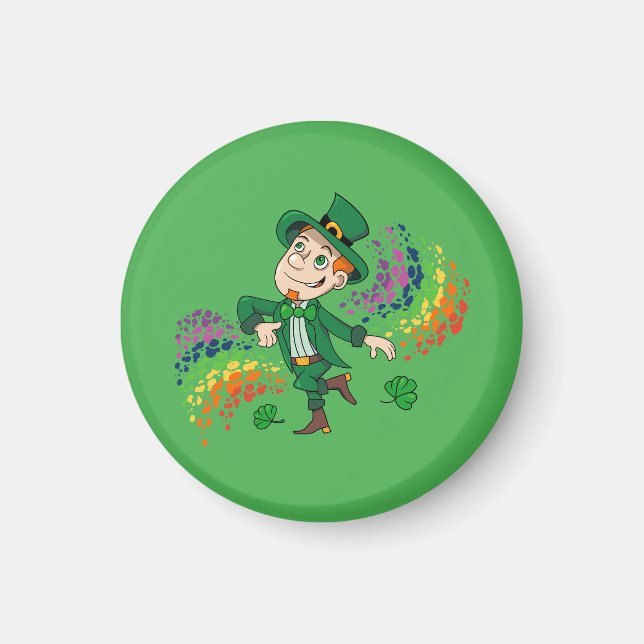 Imán Lindo duende feliz sonriendo bailando, un arcoíris (Frente)
