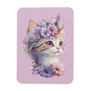 Imán Lindo Gato Acuarela Violeta con Flora