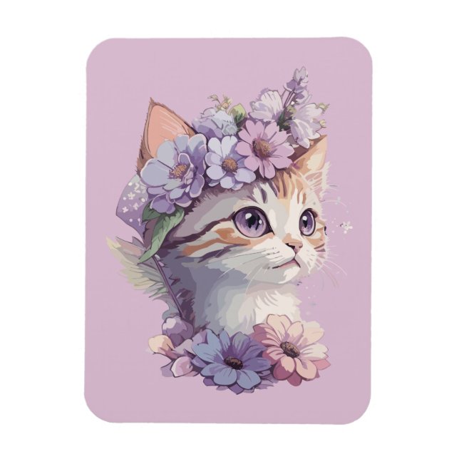 Imán Lindo Gato Acuarela Violeta con Flora (Vertical)
