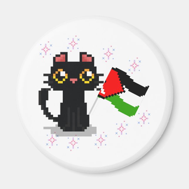 Imán lindo gato negro sostiene bandera palestina (Frente)