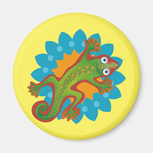 Imán Lindo lagarto verde sobre flor, lizard (Frente)