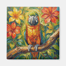 Imán Lindo loro de impasto colorido y flor tropical