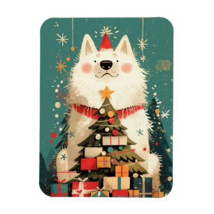Imán Lindo perro Samoyed con vacaciones de Navidad