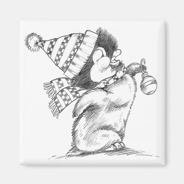 Imán Lindo pingüino retro de Navidad con sombrero y buf (Frente)