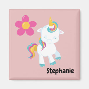 Imán Lindo Unicornio de Dibujos Animados con Flor Rosa