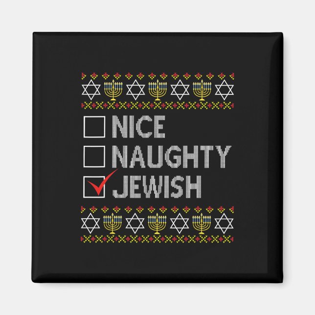 Imán Lindo y travieso judío Ugly Hanukkah Sweater Funny (Frente)