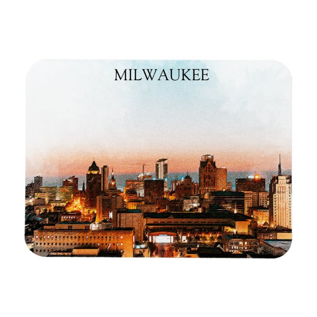 Imán Línea aérea de Milwaukee Wisconsin por arte noctur (Horizontal)