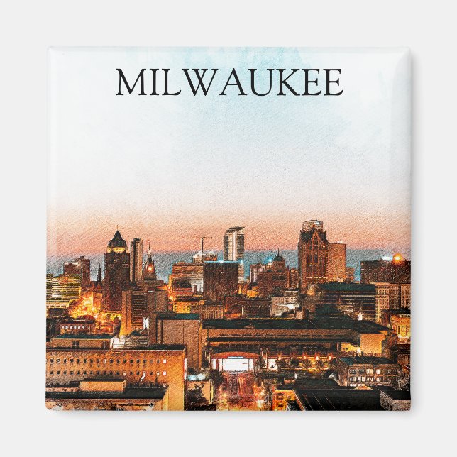 Imán Línea aérea de Milwaukee Wisconsin por arte noctur (Frente)