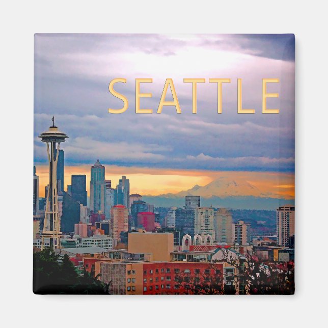 Imán Línea aérea de Seattle Washington al atardecer TEX (Frente)