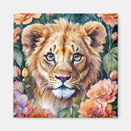 Imán Lion Cub Floral Watercolor Art