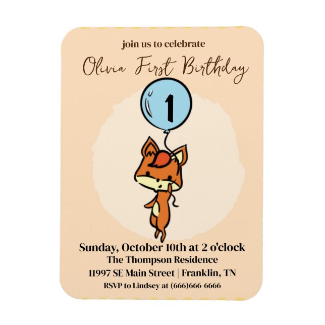 Imán Little Fox con globos Primer cumpleaños (Vertical)