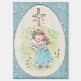 Imán Little Girl Holding a Lamb Easter Morning
