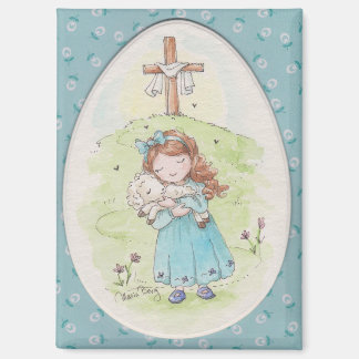 Imán Little Girl Holding a Lamb Easter Morning