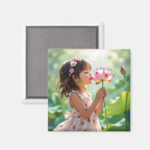 Little Girl Smelling a Pink Rose Personalized