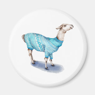 Imán Llama acuarela en suéter azul