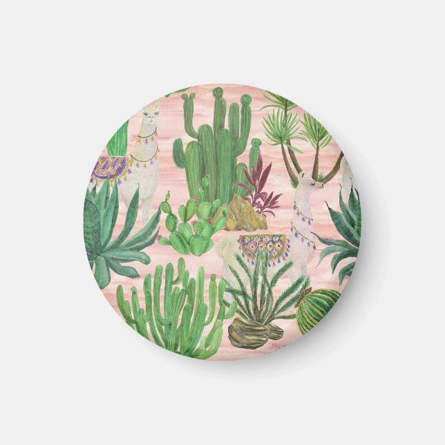 Imán Llamas acuarelas y patrones de cactus. (Frente)