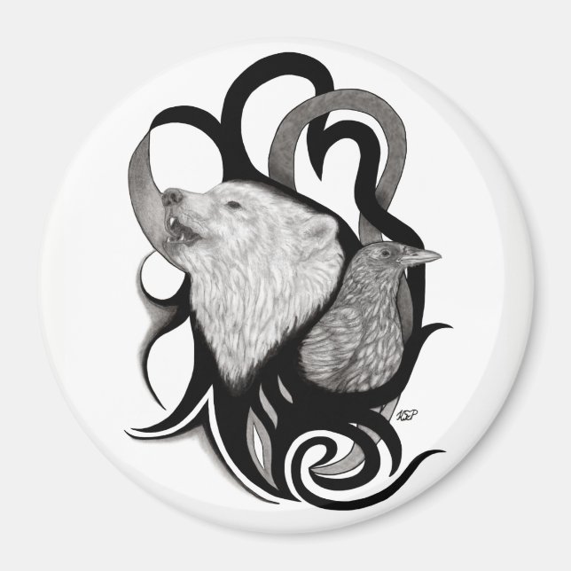 Imán Lobo blanco con arte tribal de Raven (Frente)