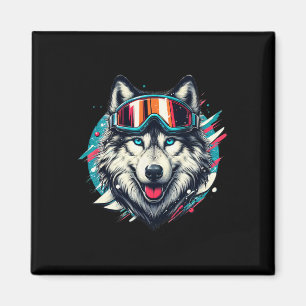 Imán Lobo con gafas de esquí y snowboard Lobo esquiando