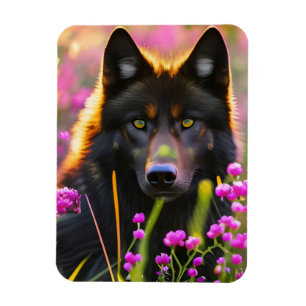 Imán Lobo negro con flores rosadas