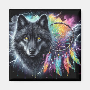 Imán Lobo negro con un Dreamcatcher