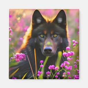 Imán Lobo negro en flores rosas