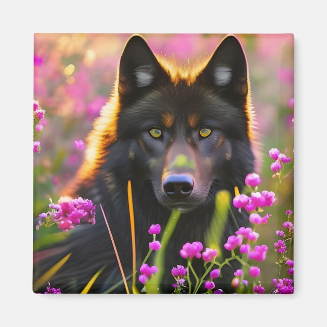 Imán Lobo negro en flores rosas (Frente)
