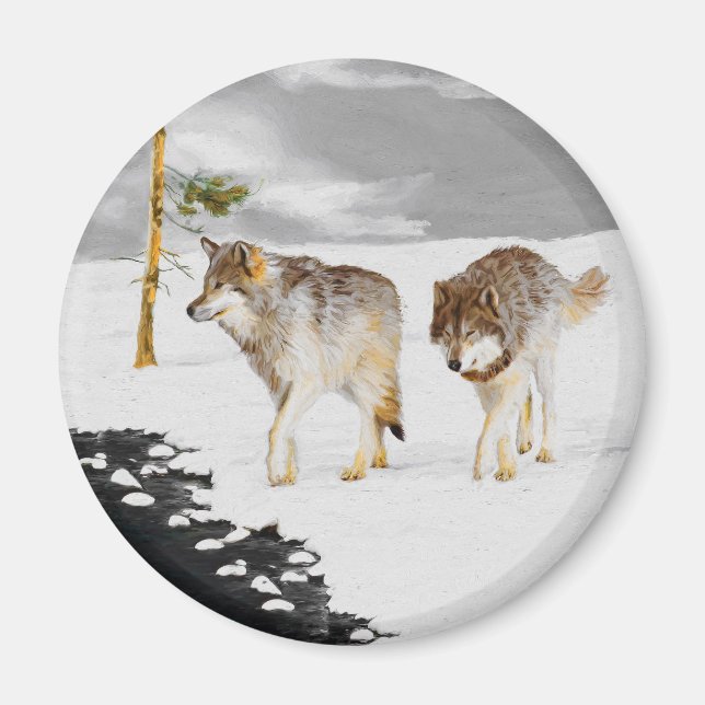 Imán Lobos en pintura de nieve - Arte de vida salvaje o (Frente)