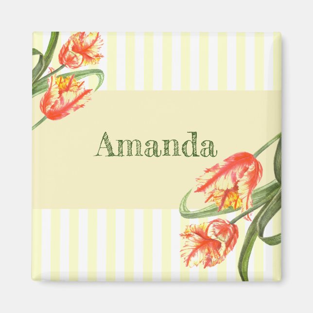 Imán Loro Amarillo Tulips Flor Arte Floral (Frente)