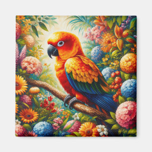 Imán Loro de conure Sun con flores de colores