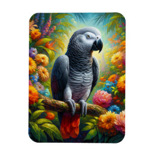 Imán Loro gris africano con flores coloridas flexibles