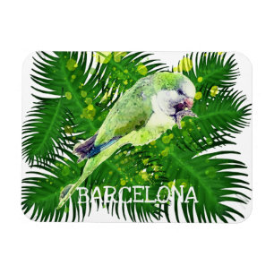 Imán Loro verde y hojas de palmera acuarela