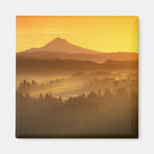 Imán Los colores naranjas del amanecer colorean la nieb