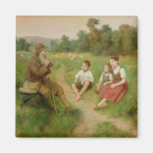 Imán Los niños escuchan un pastor que toca una flauta