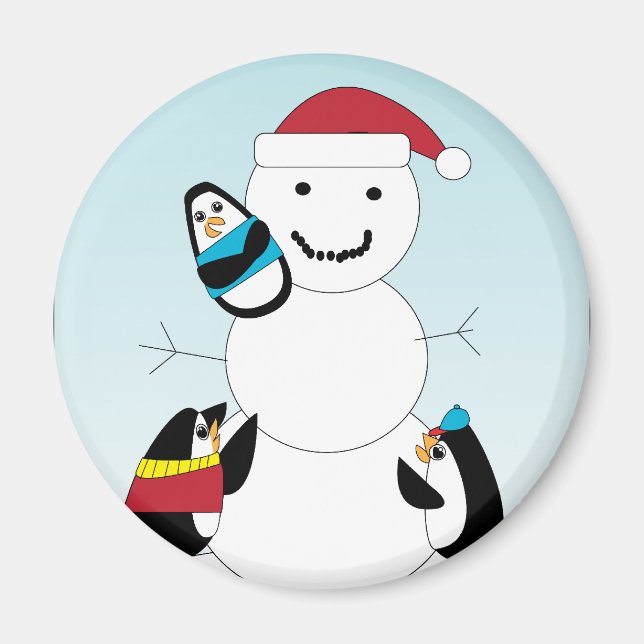 Imán Los pingüinos construyen un muñeco de nieve en inv (Frente)