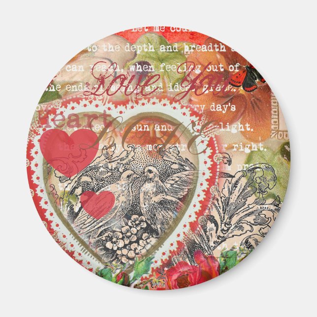 Imán Love Birds Heart Red Art Collage (Frente)