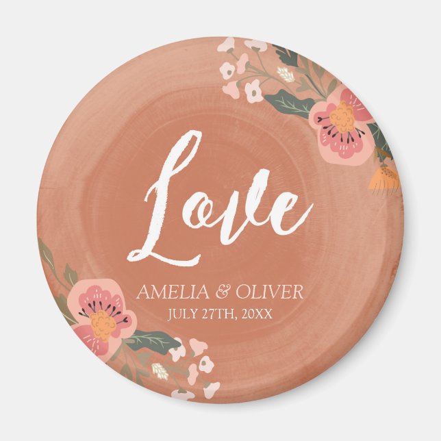 Imán Love Brown Wood y Floral Rustic Boda (Frente)