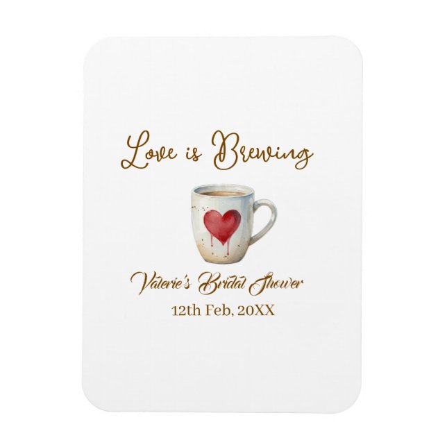 Imán Love is Brewing white coffee mug heart bridal show (Vertical)