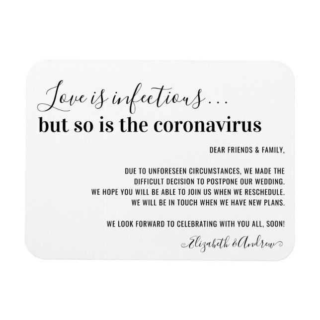 Imán Love is Infectious Covid19 Wedding Postponement (Horizontal)