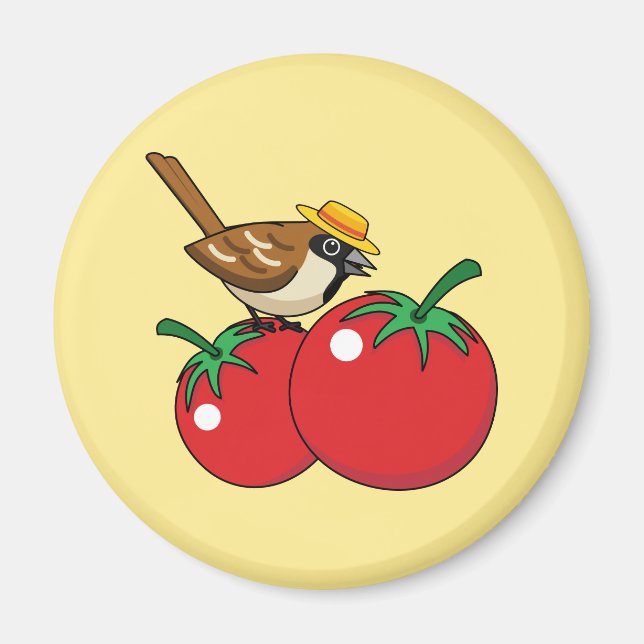 Imán Lover Sparrow Orgánico come tomate rojo (Frente)
