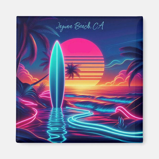 Imán Luces de neón de la tabla de surf del atardecer- (Frente)