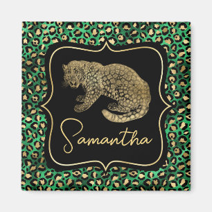 Imán Lujo Verde Estampado Leopardo Dorado Monograma Ani