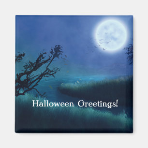 Imán Luna de Halloween de noche en tonos azules y verde