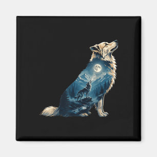 Imán Luna de lobo arte de silueta de bosque de montaña 
