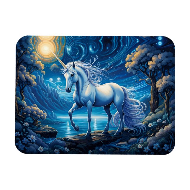 Imán Luna llena de fantasía de unicornio blanco (Horizontal)