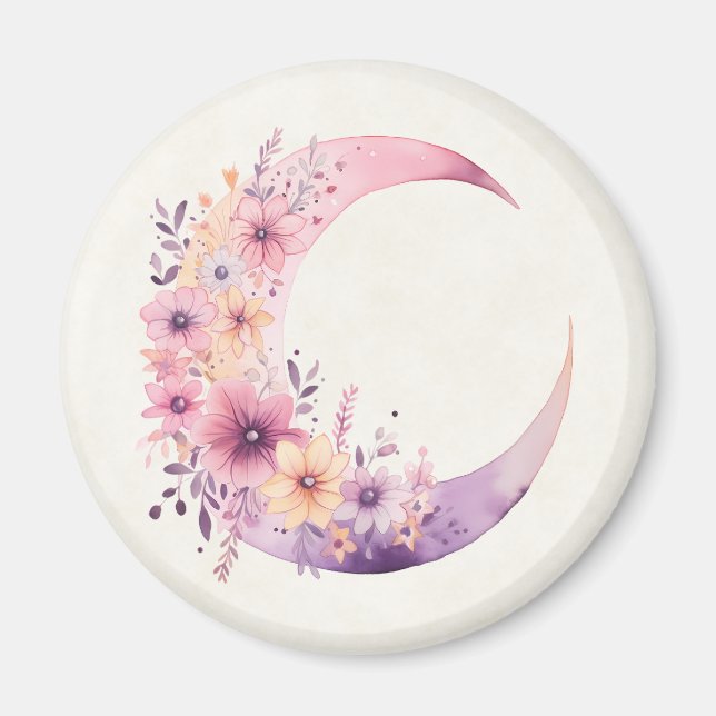 Imán Luna rosa de media luna con flores de Bonito (Frente)