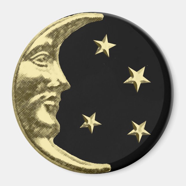 Imán Luna y estrellas Art Deco - Negro y Oro (Frente)