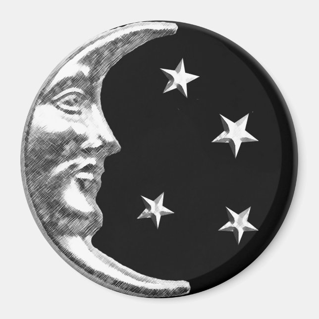 Imán Luna y estrellas Art Deco - Negro y Plata (Frente)