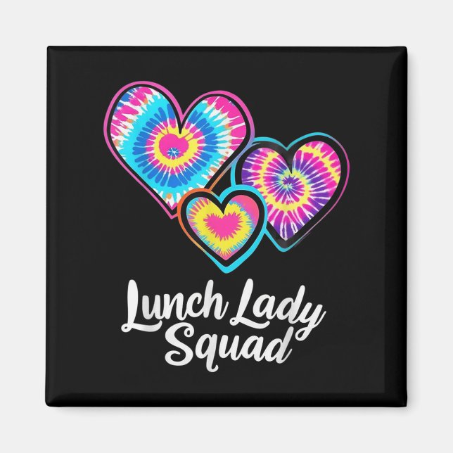 Imán Lunch Lady Squad Tie Dye Hearts Cafetería Personal (Frente)