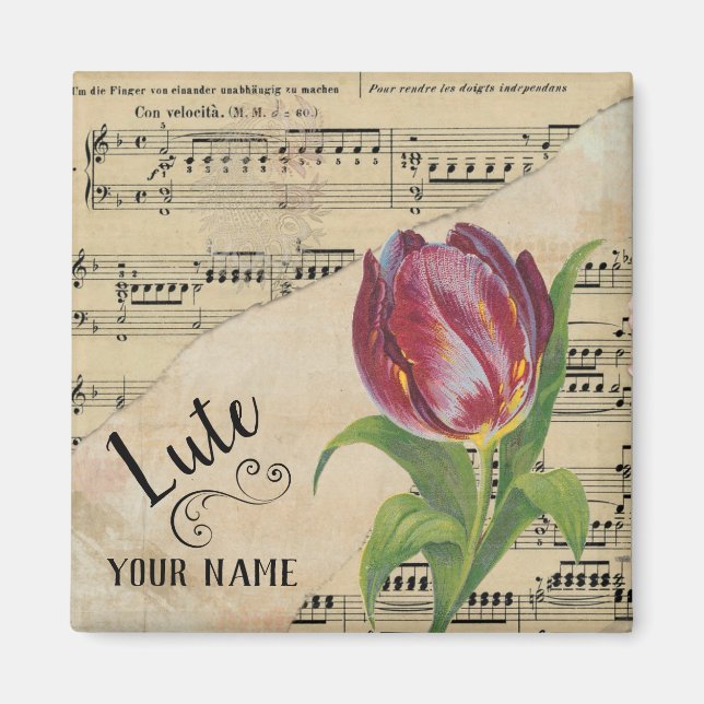 Imán Lute Tulip Vintage Sheet Music Personalizado (Frente)