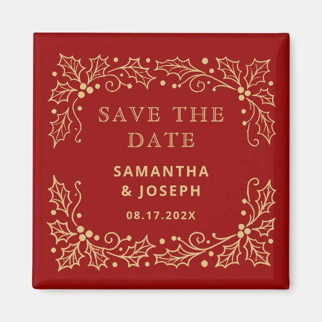 Imán Luxury Rojo y Oro Antiguo Save the Date (Frente)